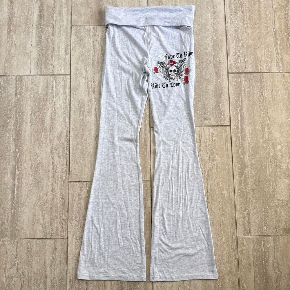 Y2K style Grey Foldover Flare Pants Skull Rose Graphic Low Rise Yoga Leggings S